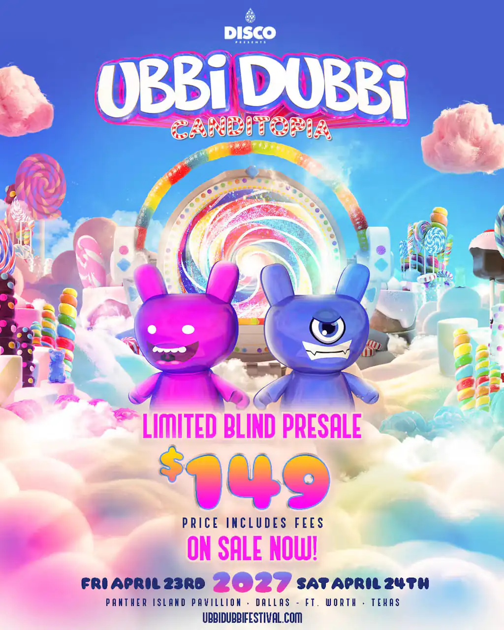 Ubbi Dubbi 2027 Canditopia festival poster for April 23–24 at Panther Island Pavilion in Fort Worth, Texas