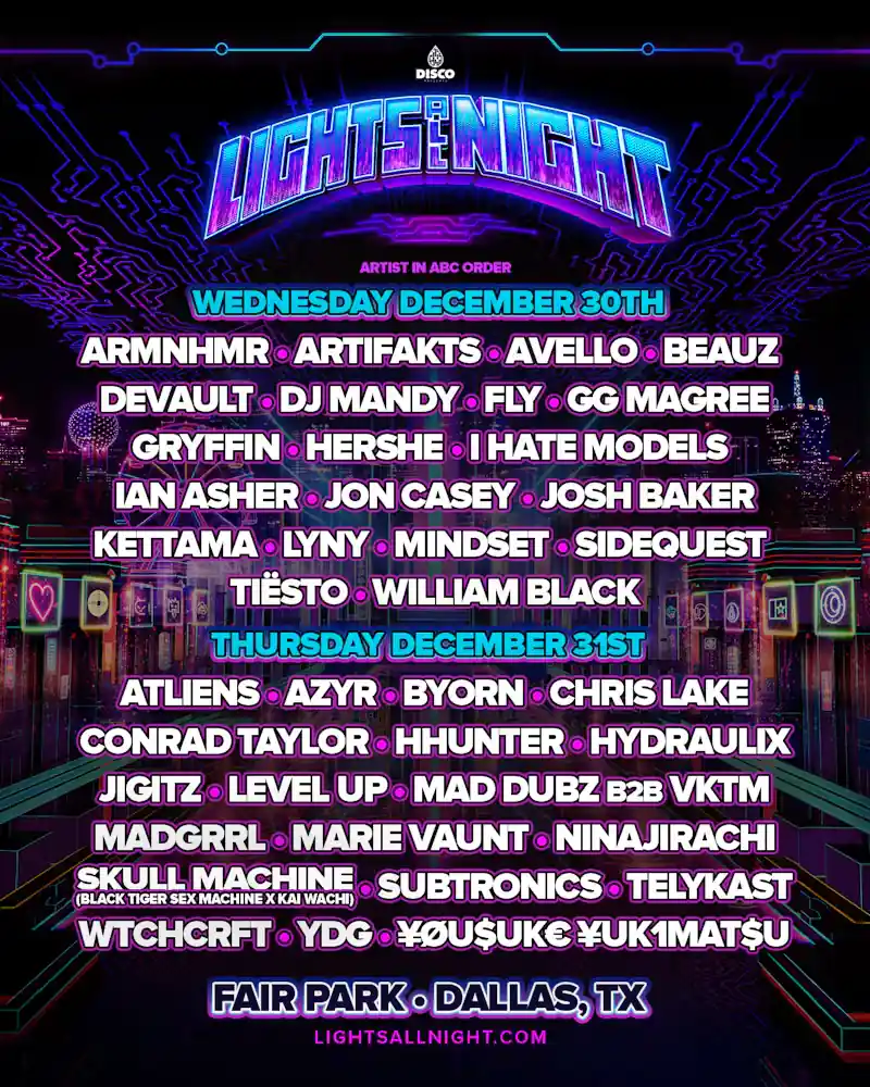 Lights All Night 2026 lineup at Fair Park in Dallas — NOCTURNALSD promo code guide